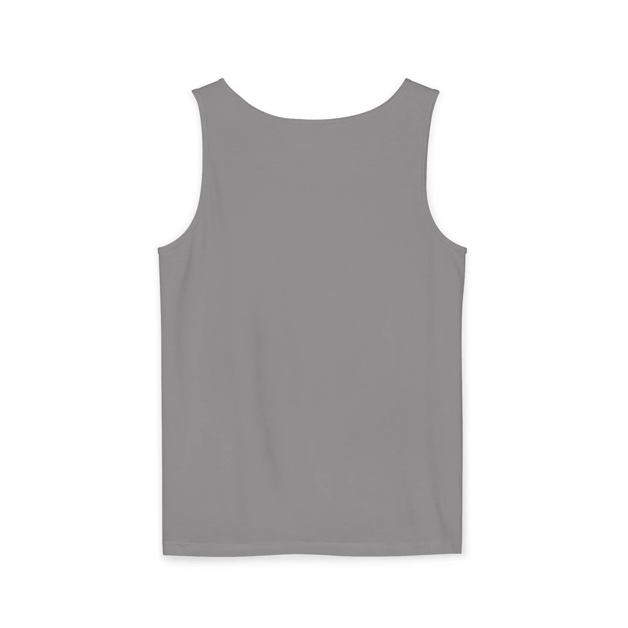 Gray sleeveless tank top with rounded neckline, minimalist design for casual or active wear