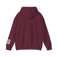 Maroon hoodie with bar code graphic on sleeve, back view, casual streetwear style