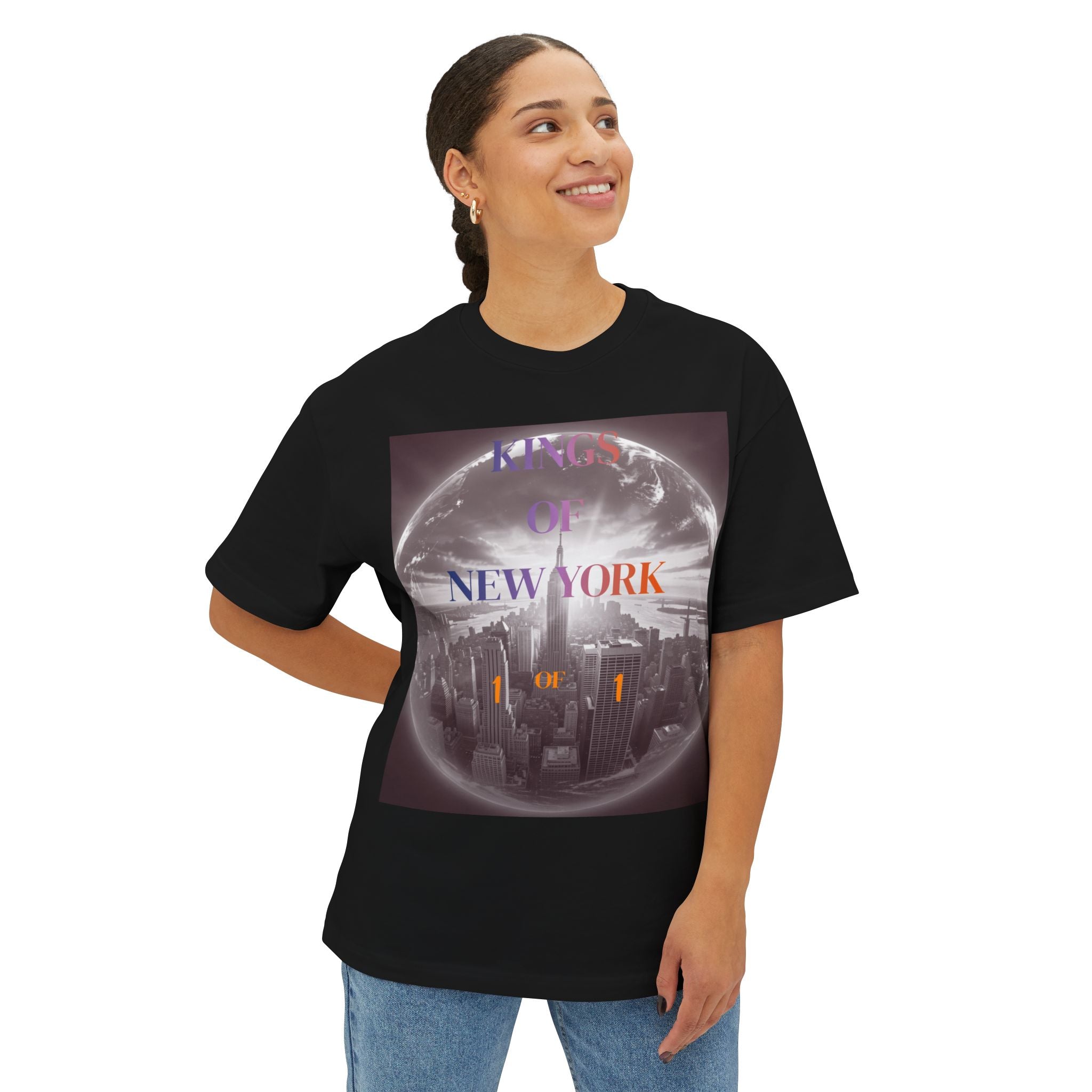 Black t-shirt with 'Kings of New York' graphic, globe city design, bold streetwear style