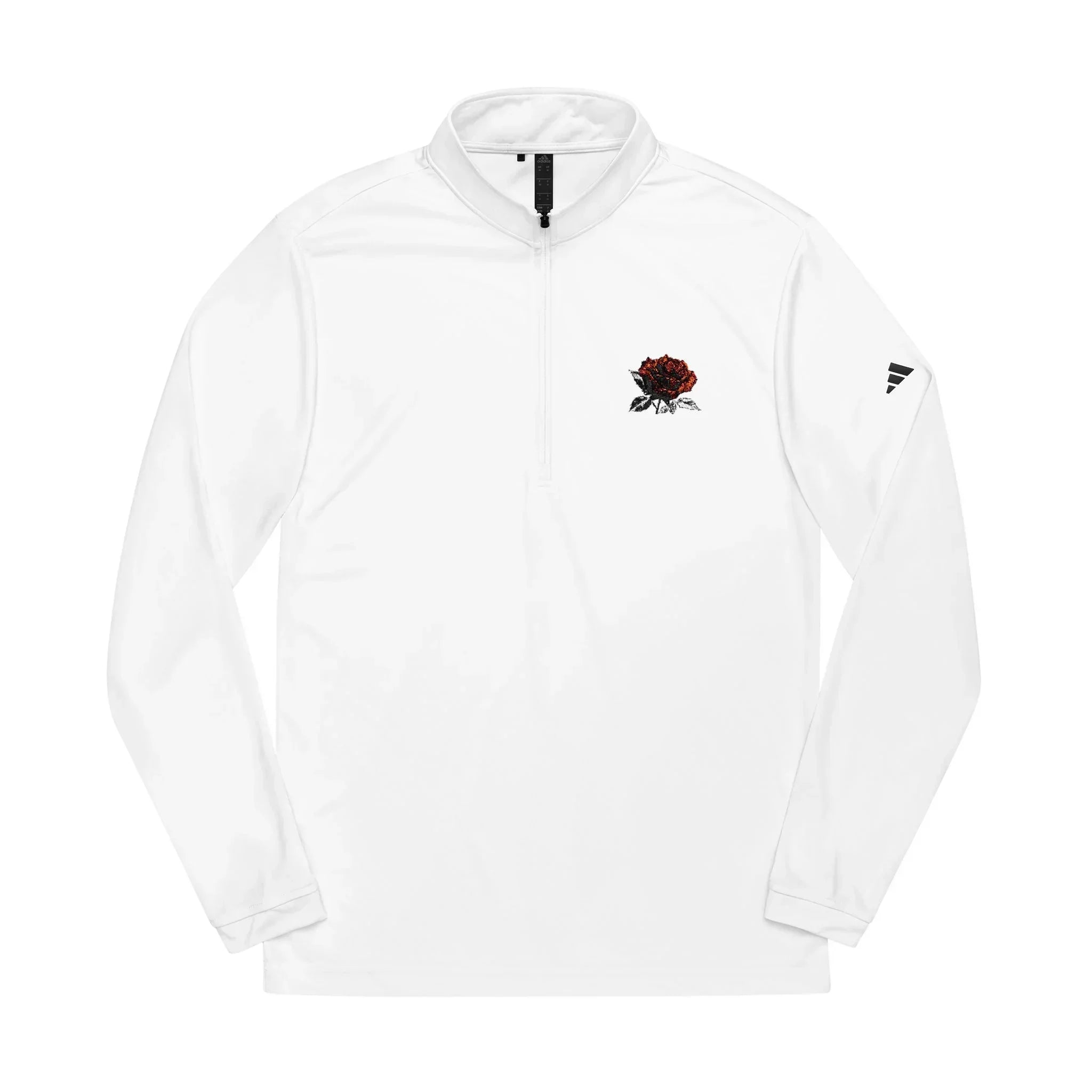White long sleeve quarter zip shirt with red rose embroidery and black sleeve logo