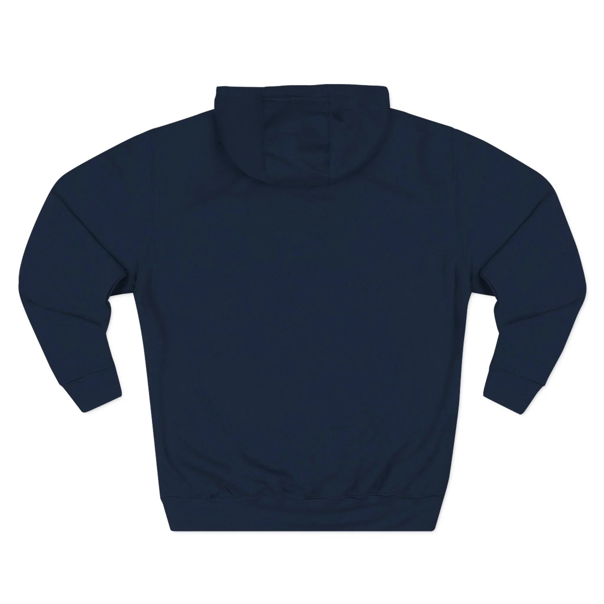 Back view of plain navy blue hoodie with hood and long sleeves on white background