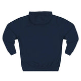 Back view of plain navy blue hoodie with hood and long sleeves on white background