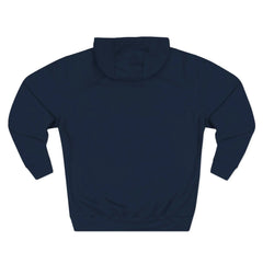 Back view of plain navy blue hoodie with hood and long sleeves on white background