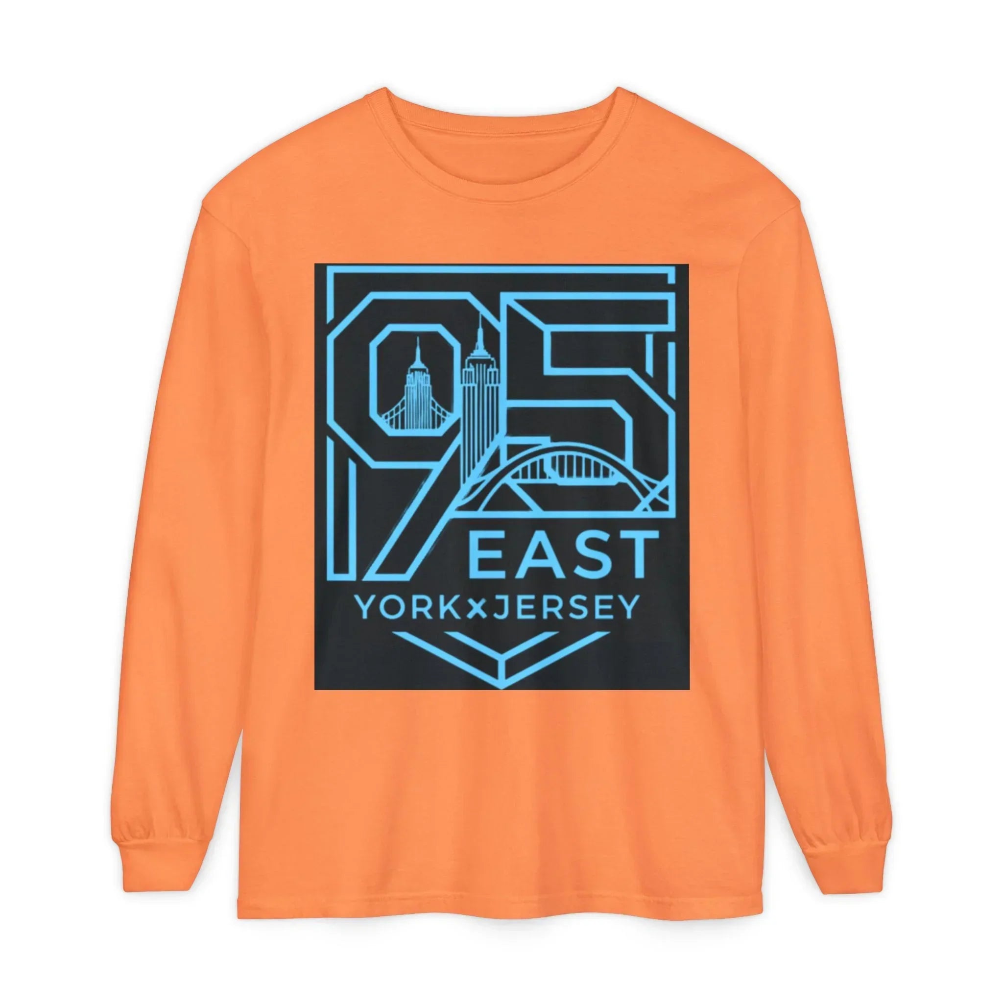 Orange long sleeve tee with '95 East YorkxJersey' graphic, featuring city skyline and bridge design.