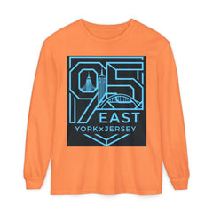 Orange long sleeve tee with '95 East YorkxJersey' graphic, featuring city skyline and bridge design.