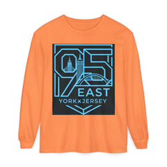Orange long sleeve tee with '95 East YorkxJersey' graphic, featuring city skyline and bridge design.