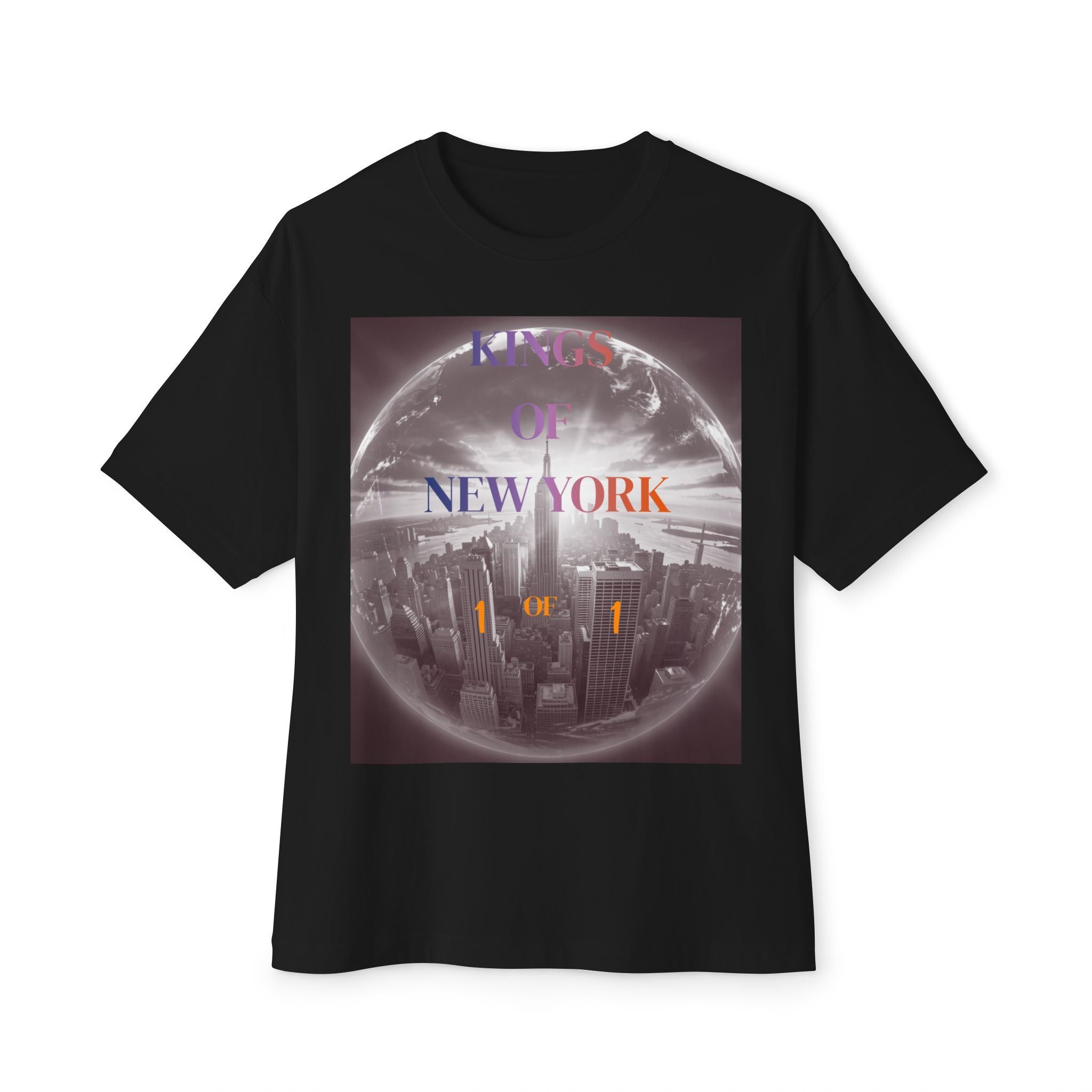 Black t-shirt with 'Kings of New York' graphic, globe cityscape design, bold urban streetwear style