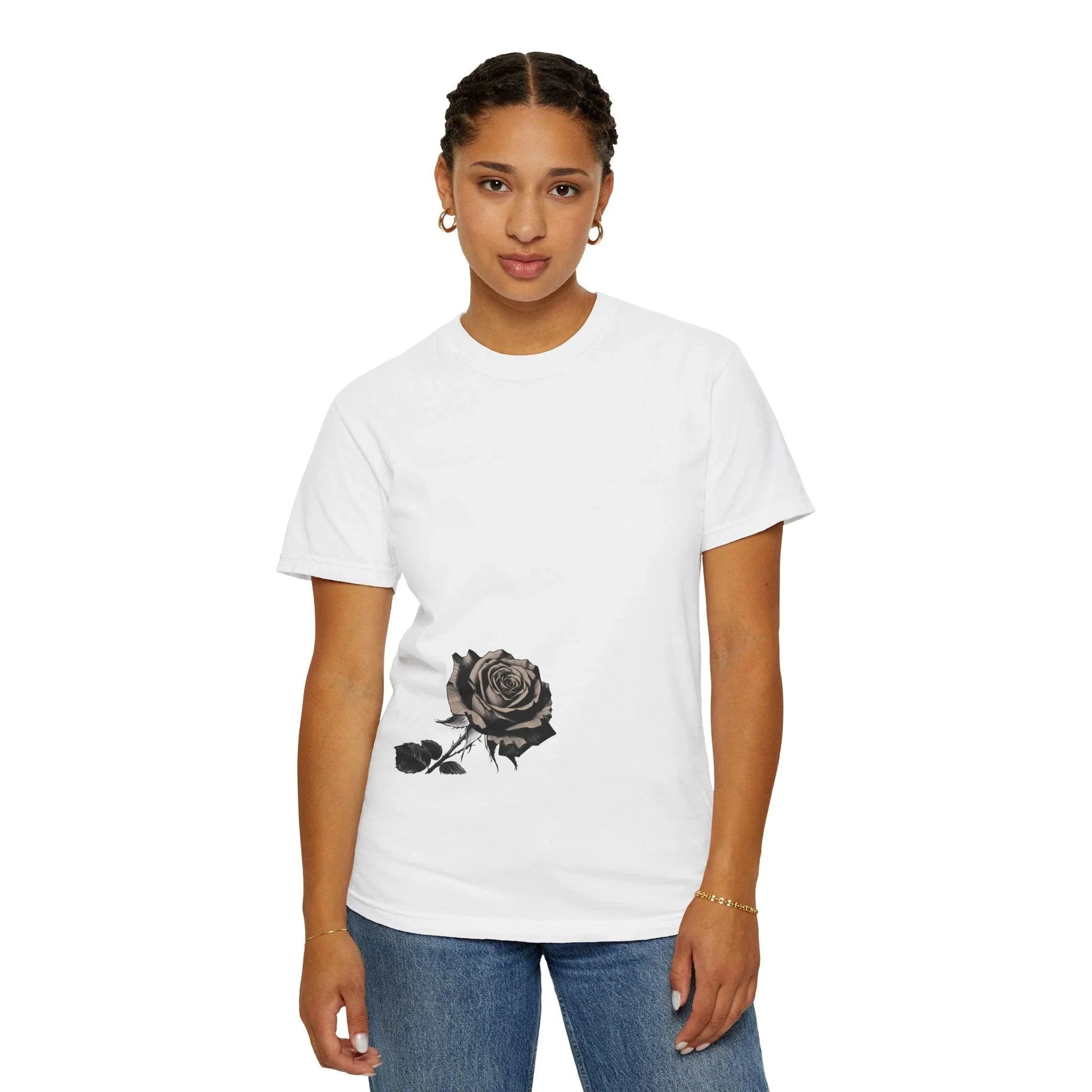 White t-shirt with black rose graphic, modern East Coast style