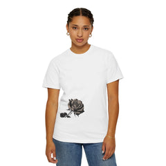 White t-shirt with black rose graphic, modern East Coast style