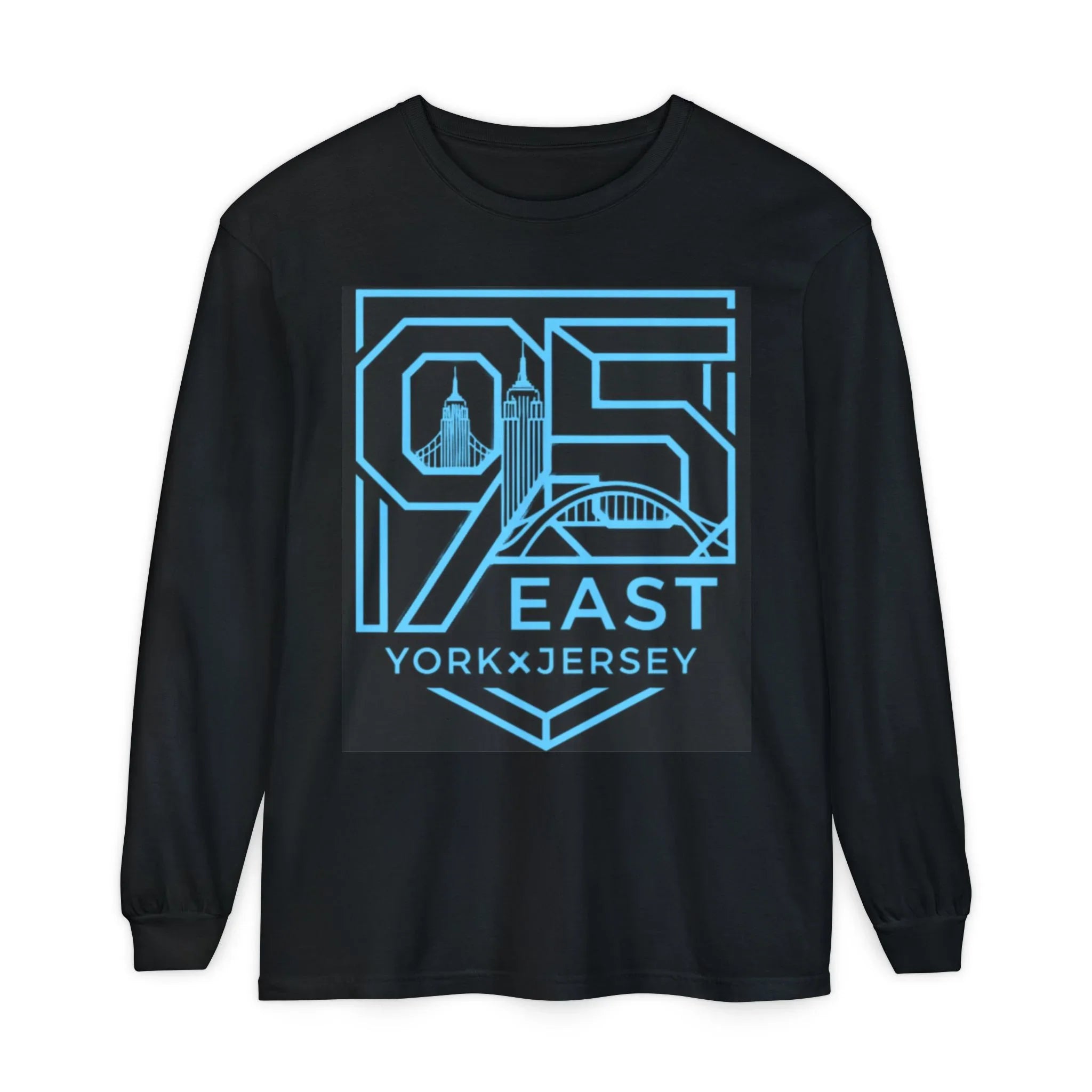 Black long-sleeve shirt with blue '95 East YorkxJersey' graphic featuring city skyline and bridge design