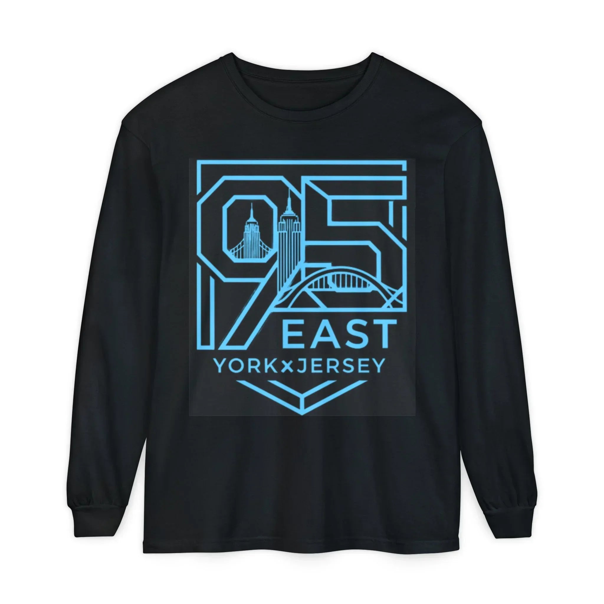 Black long-sleeve shirt with blue '95 East YorkxJersey' graphic featuring city skyline and bridge design