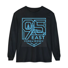 Black long-sleeve shirt with blue '95 East YorkxJersey' graphic featuring city skyline and bridge design