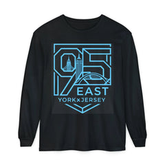 Black long-sleeve shirt with blue '95 East YorkxJersey' graphic featuring city skyline and bridge design