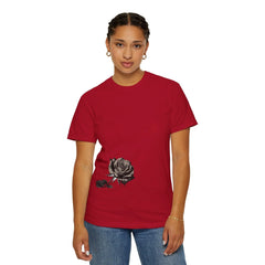 Red t-shirt with black rose graphic, modern East Coast style