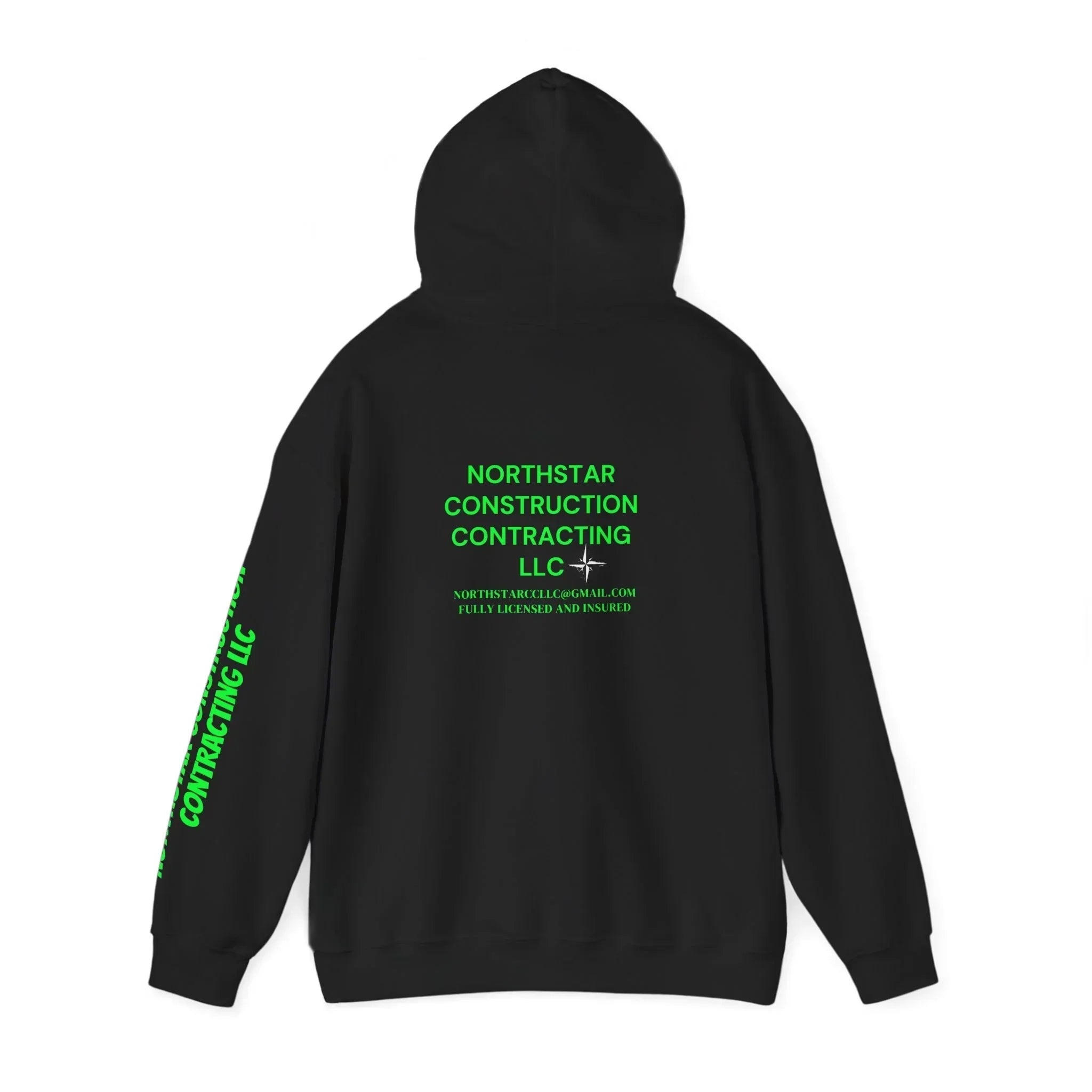 Black hoodie with neon green 'Northstar Construction Contracting LLC' print on back and sleeve, modern streetwear design
