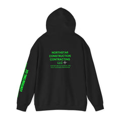 Black hoodie with neon green 'Northstar Construction Contracting LLC' print on back and sleeve, modern streetwear design