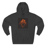 Black hoodie with bold orange cityscape and hand graphic on front