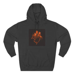 Black hoodie with bold orange cityscape and hand graphic on front