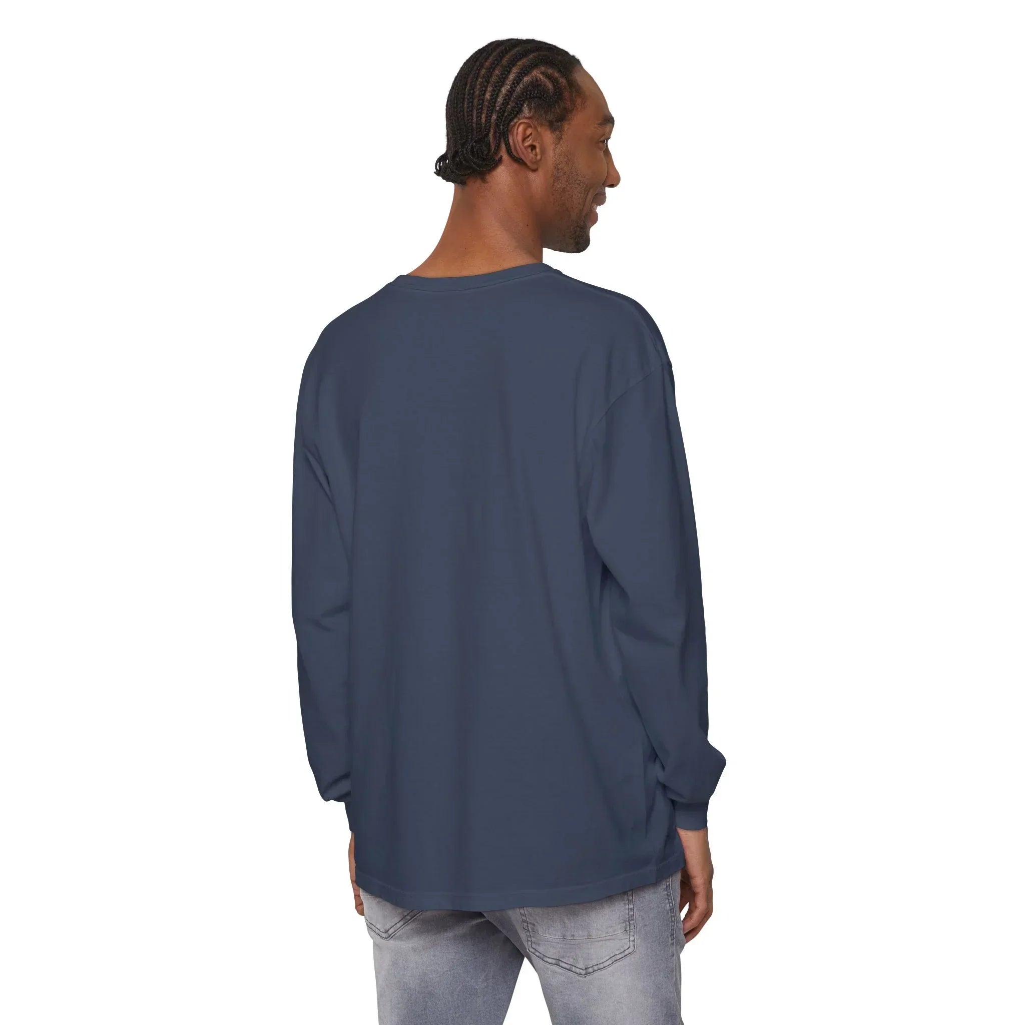 Man wearing navy long sleeve tee, back view, styled with light jeans for casual East Coast look
