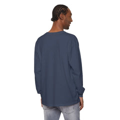 Man wearing navy long sleeve tee, back view, styled with light jeans for casual East Coast look