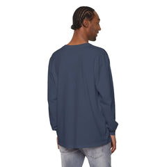 Man wearing navy long sleeve tee, back view, styled with light jeans for casual East Coast look