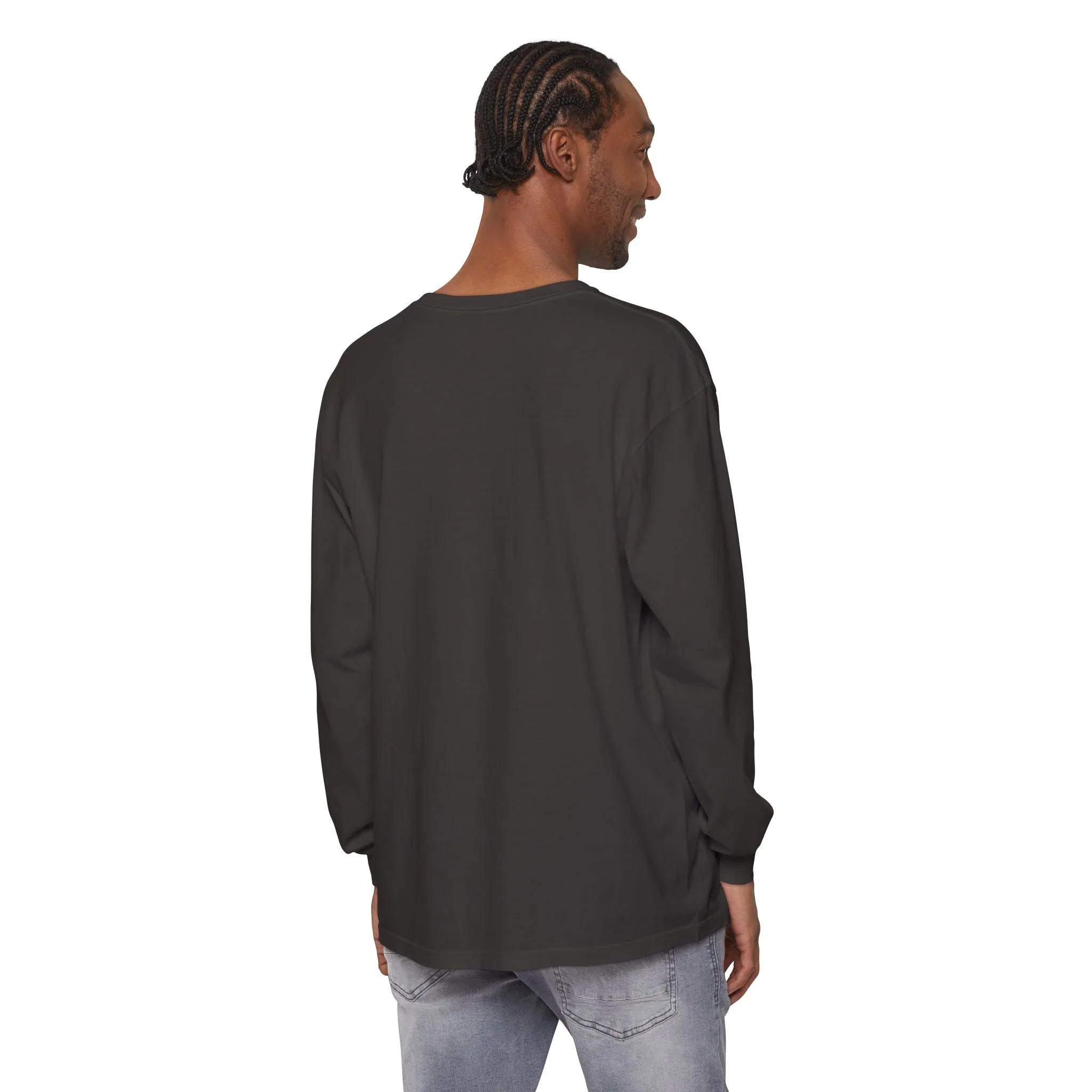 Black long sleeve hoodie with rose graphic and barcode sleeve detail, worn by model