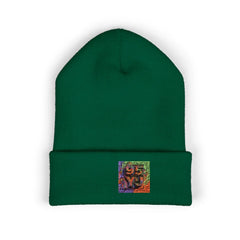 Green beanie with colorful embroidered 95YJ logo, blending East Coast style and modern design.