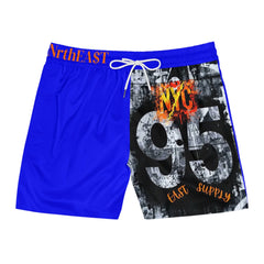 Blue graphic shorts with NYC 95 East Supply print, urban streetwear style