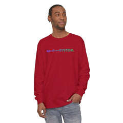 Man wearing a red long sleeve shirt with 'WAHF>>>SYSTEMS.' text, casual fashion style