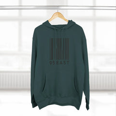Dark green hoodie with barcode design and '95 EAST' text, modern East Coast style