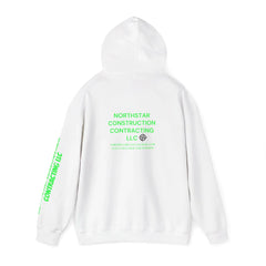 White hoodie with neon green 'Northstar Construction Contracting LLC' print on back and sleeve, modern streetwear design.