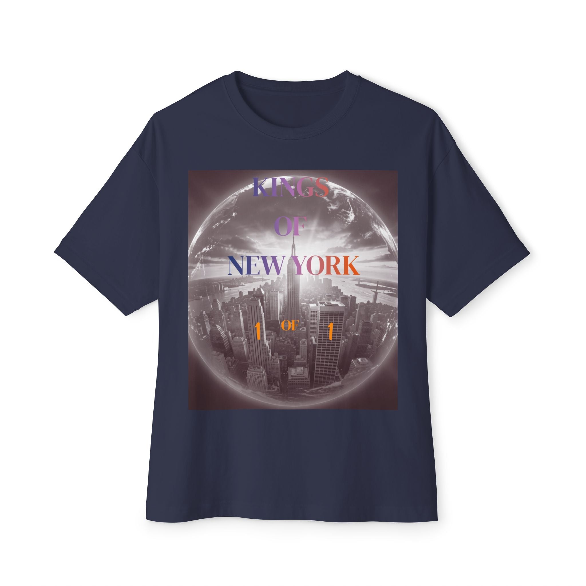Navy t-shirt with 'Kings of New York' graphic, city skyline inside globe, '1 of 1' text