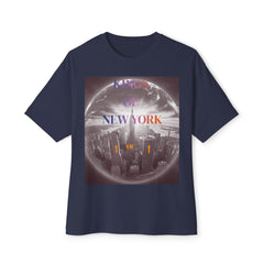 Navy t-shirt with 'Kings of New York' graphic, city skyline inside globe, '1 of 1' text
