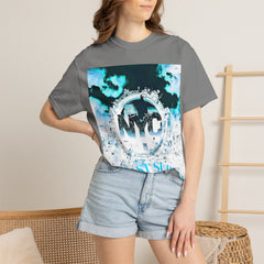 Gray graphic tee with NYC cityscape print, blue sky design, worn with denim shorts