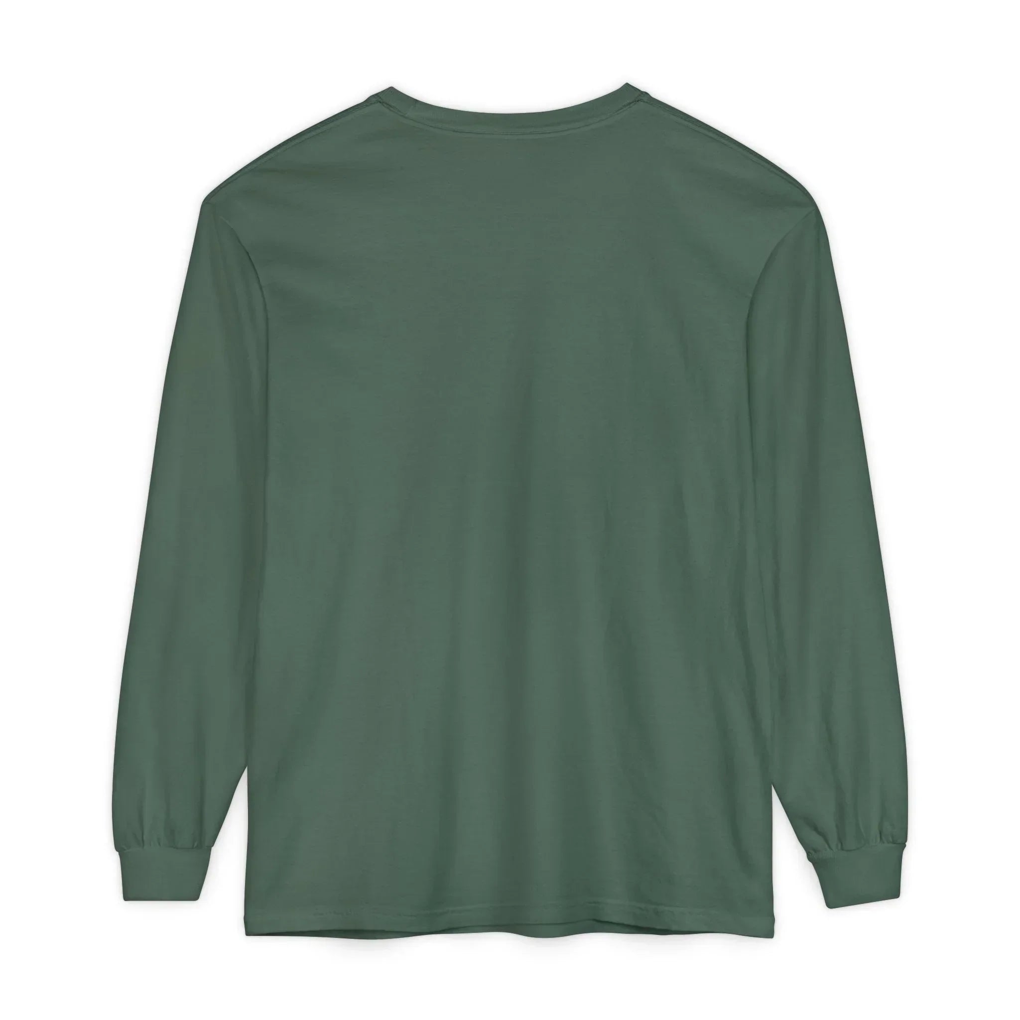 Dark green long sleeve t-shirt back view, minimalist design for everyday wear