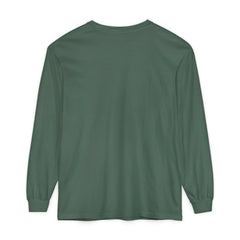 Dark green long sleeve t-shirt back view, minimalist design for everyday wear