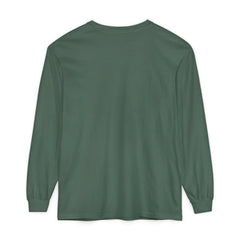 Dark green long sleeve t-shirt back view, minimalist design for everyday wear