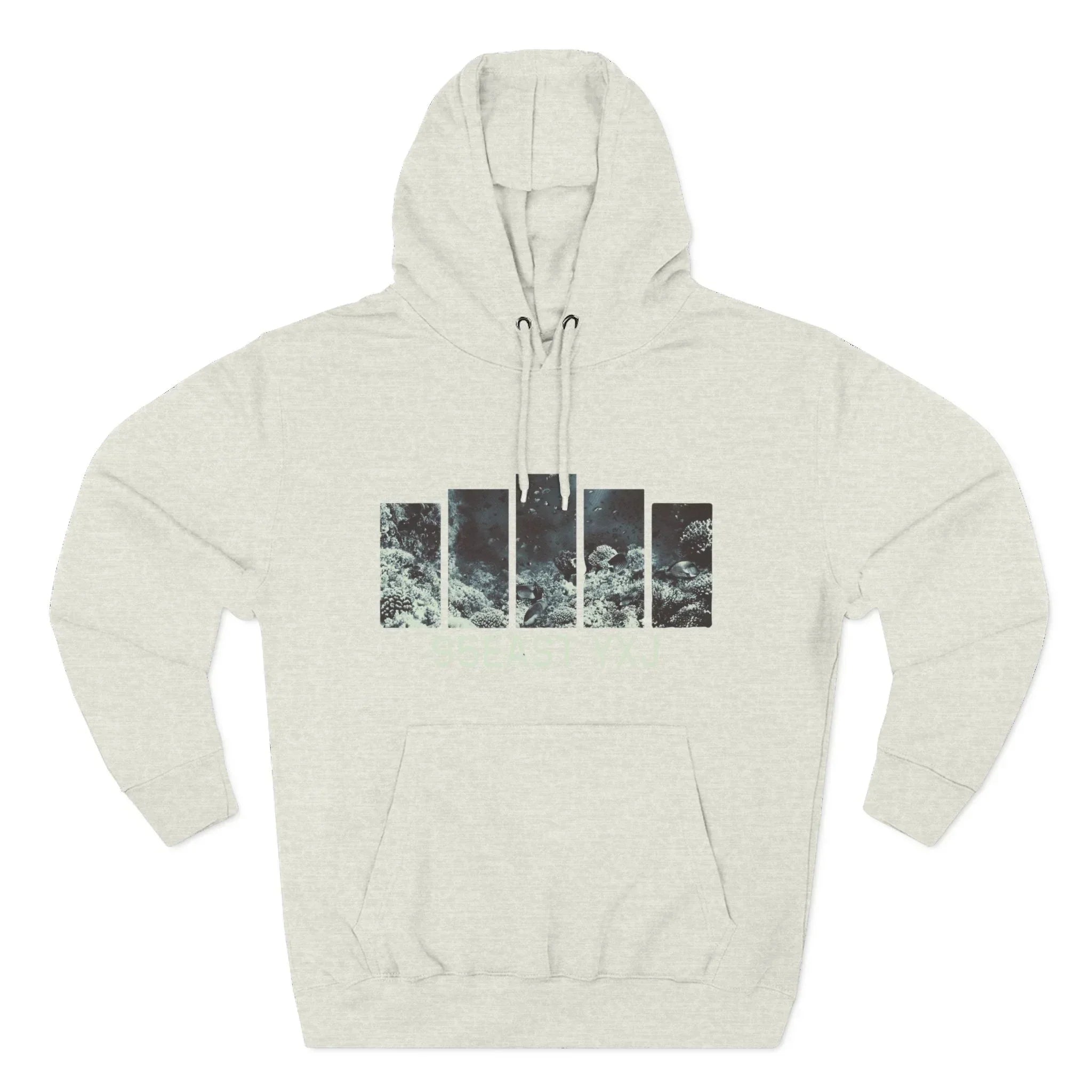 Light grey hoodie with abstract ocean-inspired graphic bars across chest, front view.