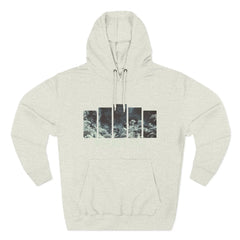 Light grey hoodie with abstract ocean-inspired graphic bars across chest, front view.