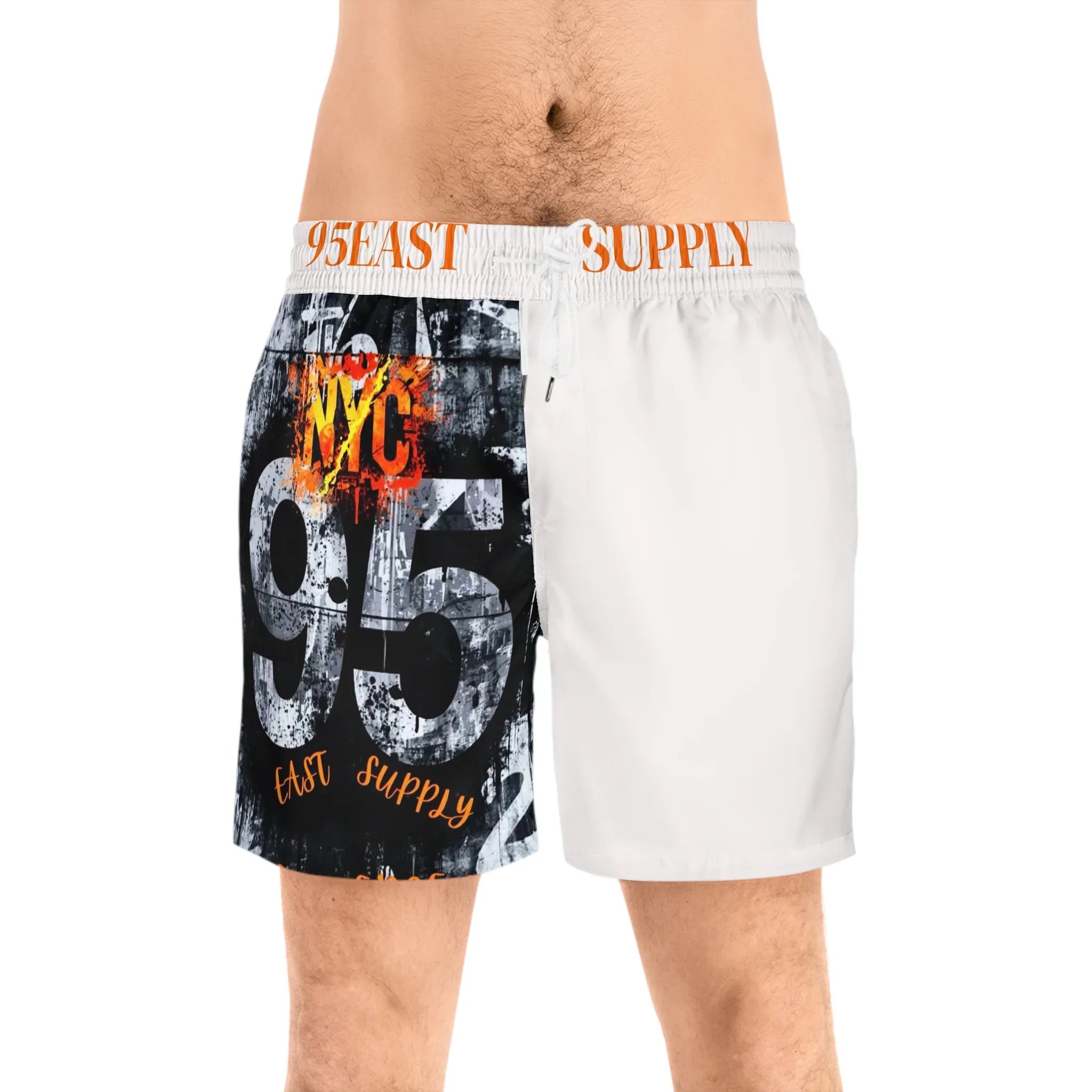Men's graphic swim trunks with NYC 95 East Supply print, white waistband, and bold streetwear design
