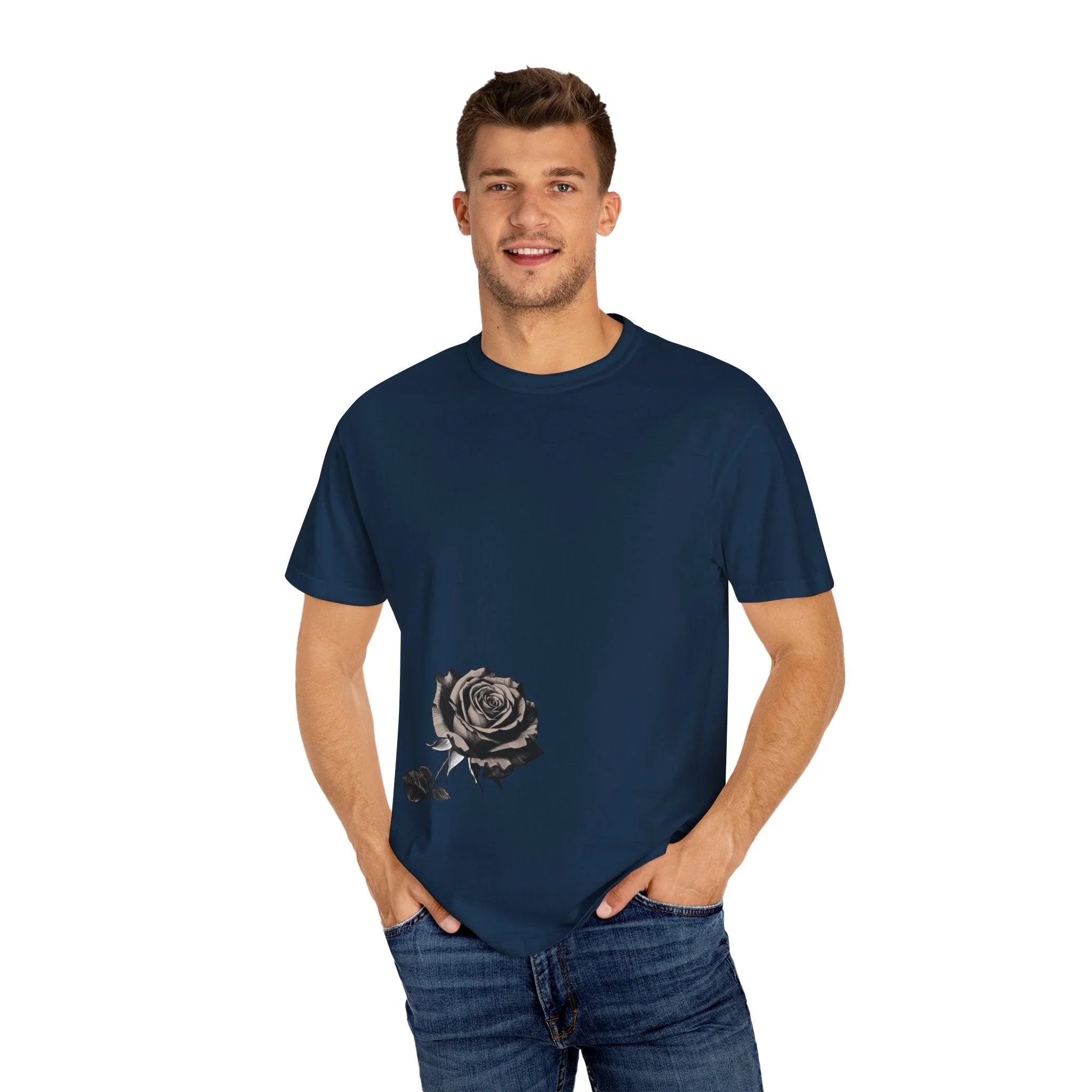 Man wearing navy blue t-shirt with black and white rose graphic, paired with jeans for casual style