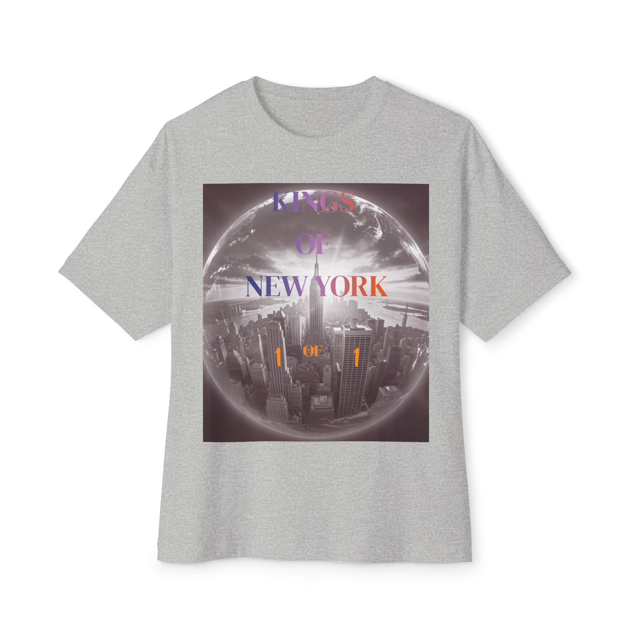 Gray t-shirt with 'Kings of New York' graphic, NYC skyline in globe design, bold typography