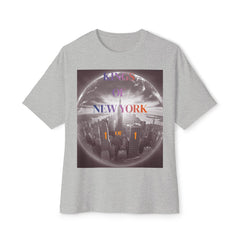 Gray t-shirt with 'Kings of New York' graphic, NYC skyline in globe design, bold typography