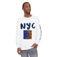 Man wearing white long sleeve shirt with bold NYC graphic and colorful QR code, styled for urban streetwear fashion.