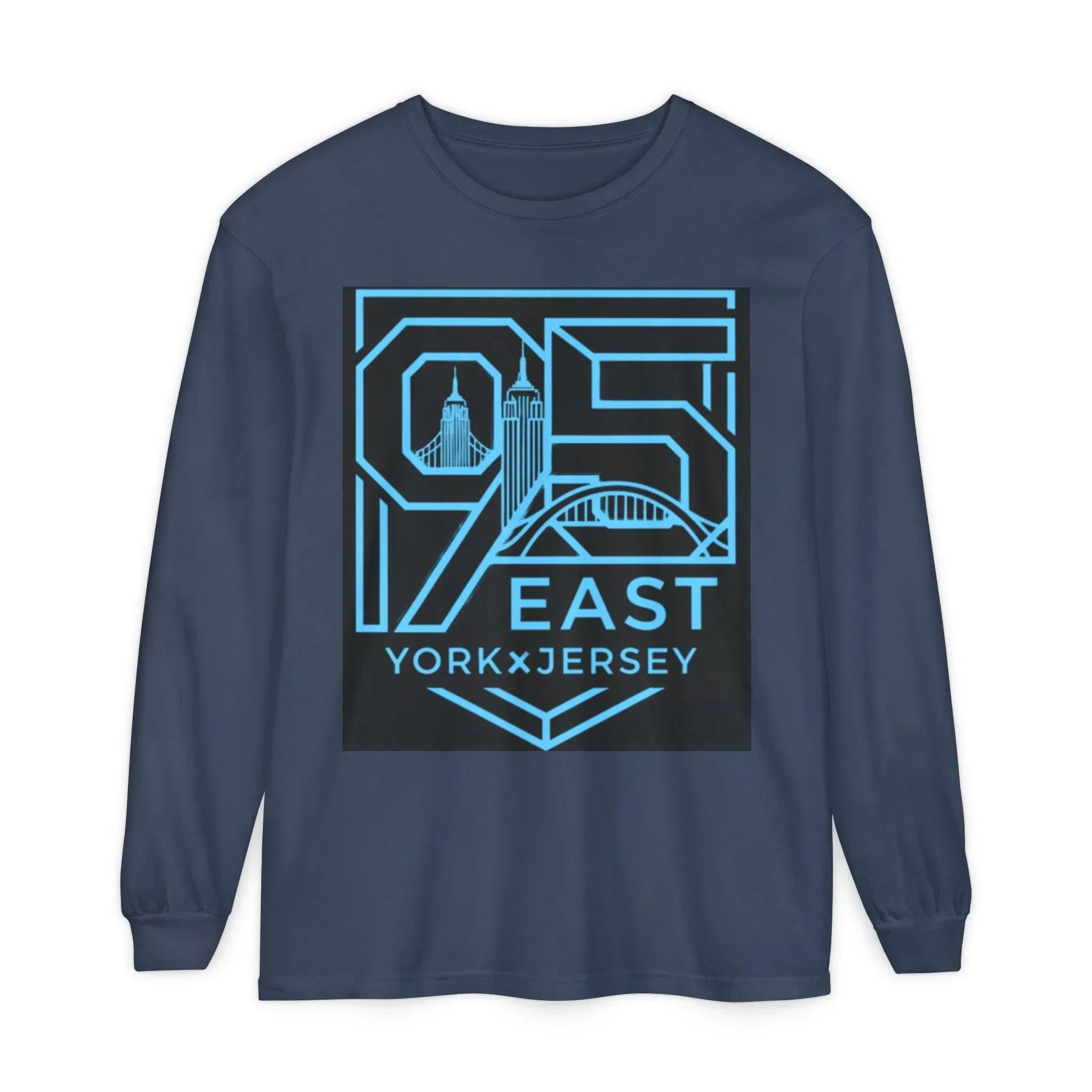 Navy long sleeve shirt with 95 East YorkxJersey graphic design featuring city skyline and bridge