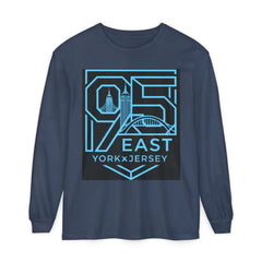 Navy long sleeve shirt with 95 East YorkxJersey graphic design featuring city skyline and bridge