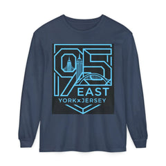 Navy long sleeve shirt with 95 East YorkxJersey graphic design featuring city skyline and bridge