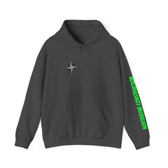 Dark gray hoodie with white compass design and green 'NORTHSTAR CONSTRUCTION' sleeve text