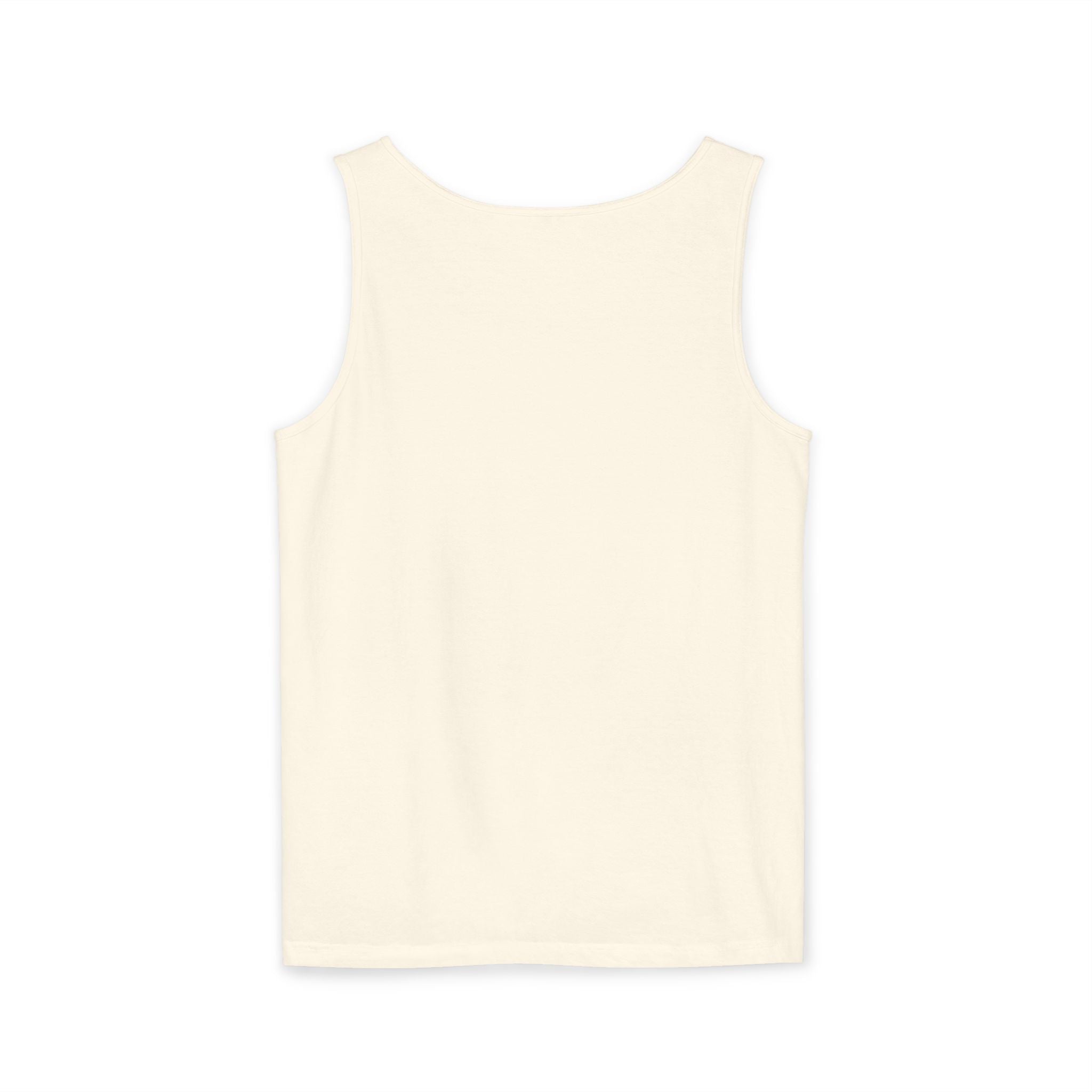 Back view of a plain off-white sleeveless tank top on white background