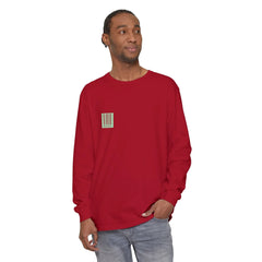 Red long sleeve shirt with barcode graphic, modern streetwear style
